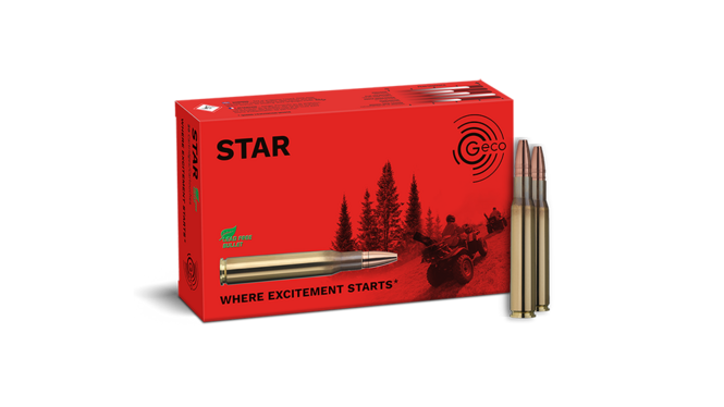 Frontview of ammunition and packaging of GECO .30-06 STAR 10,7g