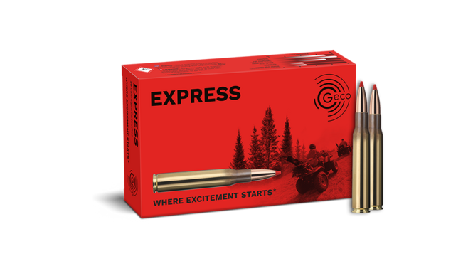 Frontview of ammunition and packaging of GECO .30-06 EXPRESS 10,7g
