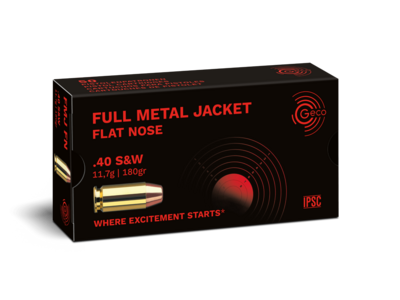 Frontview of ammunition and packaging of GECO .40 S&W Full Metal Jacket Flat Nose 11,7g