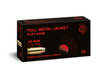 Frontview of ammunition and packaging of GECO .40 S&W Full Metal Jacket Flat Nose 11,7g