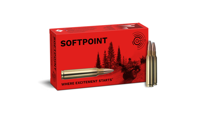 Frontview of ammunition and packaging of GECO .223 Rem. SOFTPOINT 3,4g