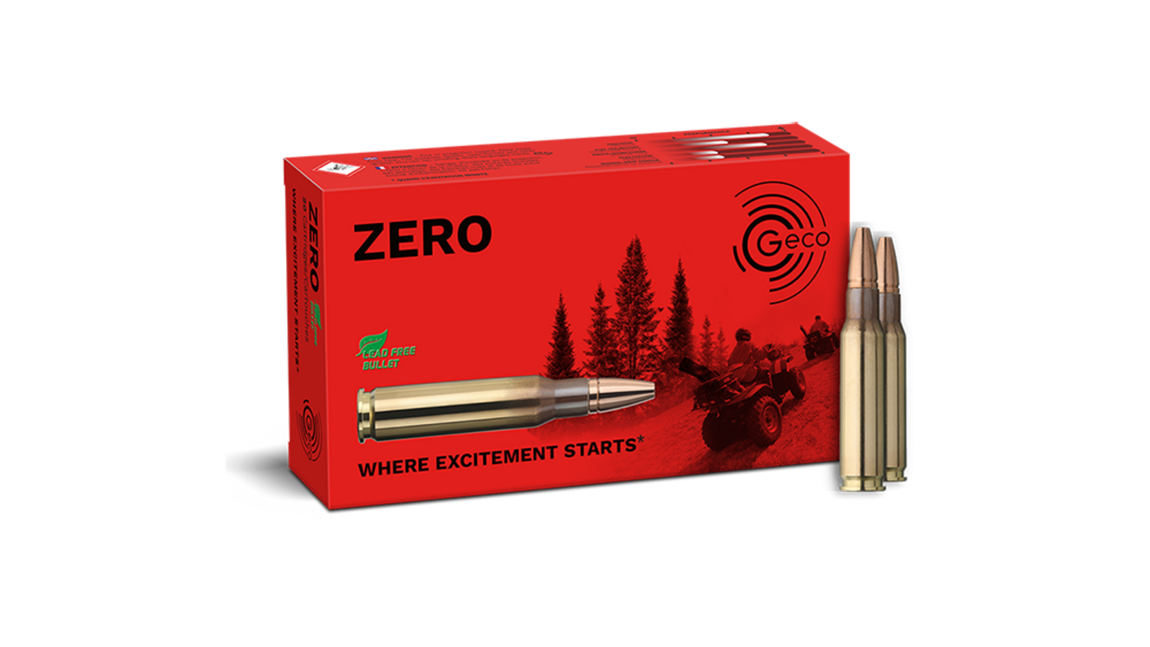 Frontview of ammunition and packaging of GECO .308 Win. ZERO 8,8g