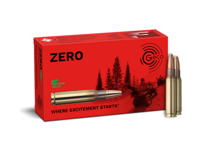 Frontview of ammunition and packaging of GECO .308 Win. ZERO 8,8g