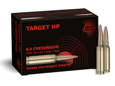 Frontview of ammunition and packaging of GECO 6,5 Creedmoor TARGET HP 8,4g