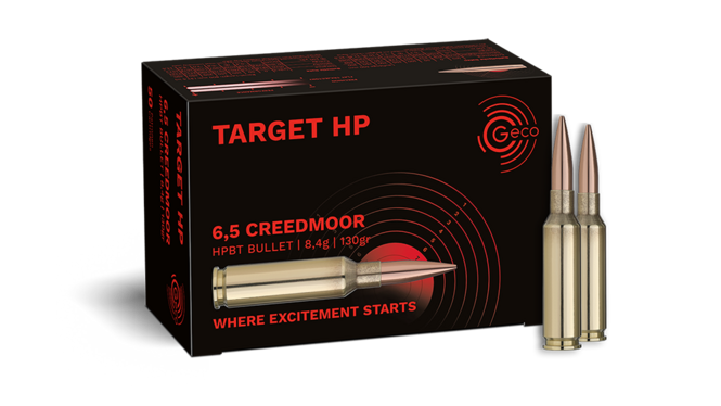 Frontview of ammunition and packaging of GECO 6,5 Creedmoor TARGET HP 8,4g