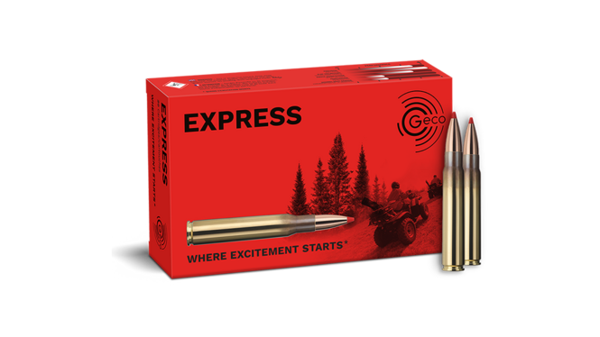 Frontview of ammunition and packaging of GECO 9,3x62 EXPRESS 16,5g