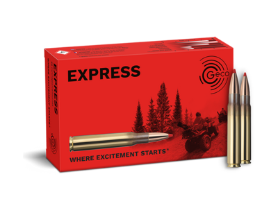 Frontview of ammunition and packaging of GECO 9,3x62 EXPRESS 16,5g