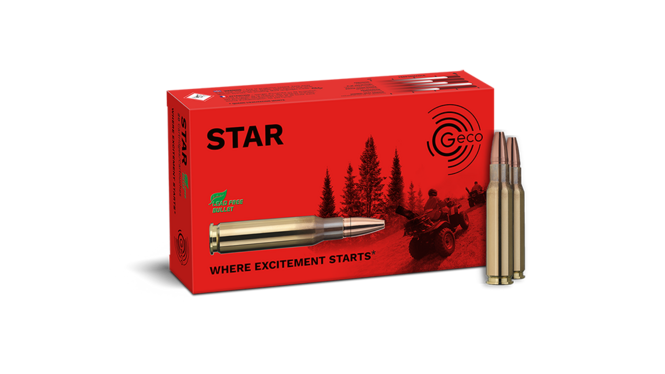 Frontview of ammunition and packaging of GECO .308 Win. STAR 10,7g