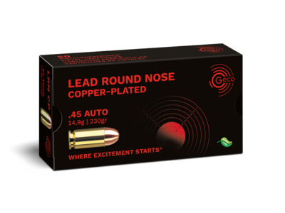 Frontview of ammunition and packaging of GECO .45 Auto Lead Round Nose, copper-plated 14,9g
