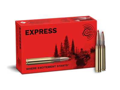 Frontview of ammunition and packaging of GECO 7x64 EXPRESS 10,0g