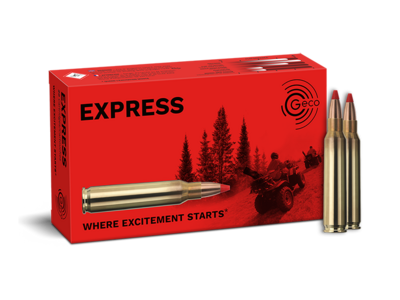 Frontview of ammunition and packaging of GECO .223 Rem. EXPRESS 3,6g