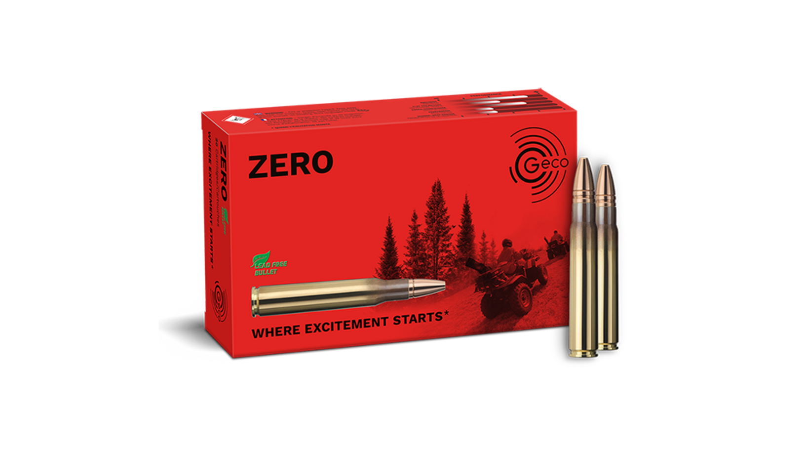 Frontview of ammunition and packaging of GECO 9,3x62 ZERO 11,9g
