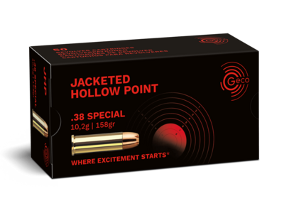 Frontview of ammunition and packaging of GECO .38 Special Jacketed Hollow Point 10,2g