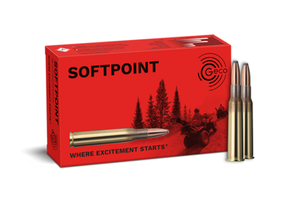 Frontview of ammunition and packaging of GECO 7x57 R SOFTPOINT 10,7g