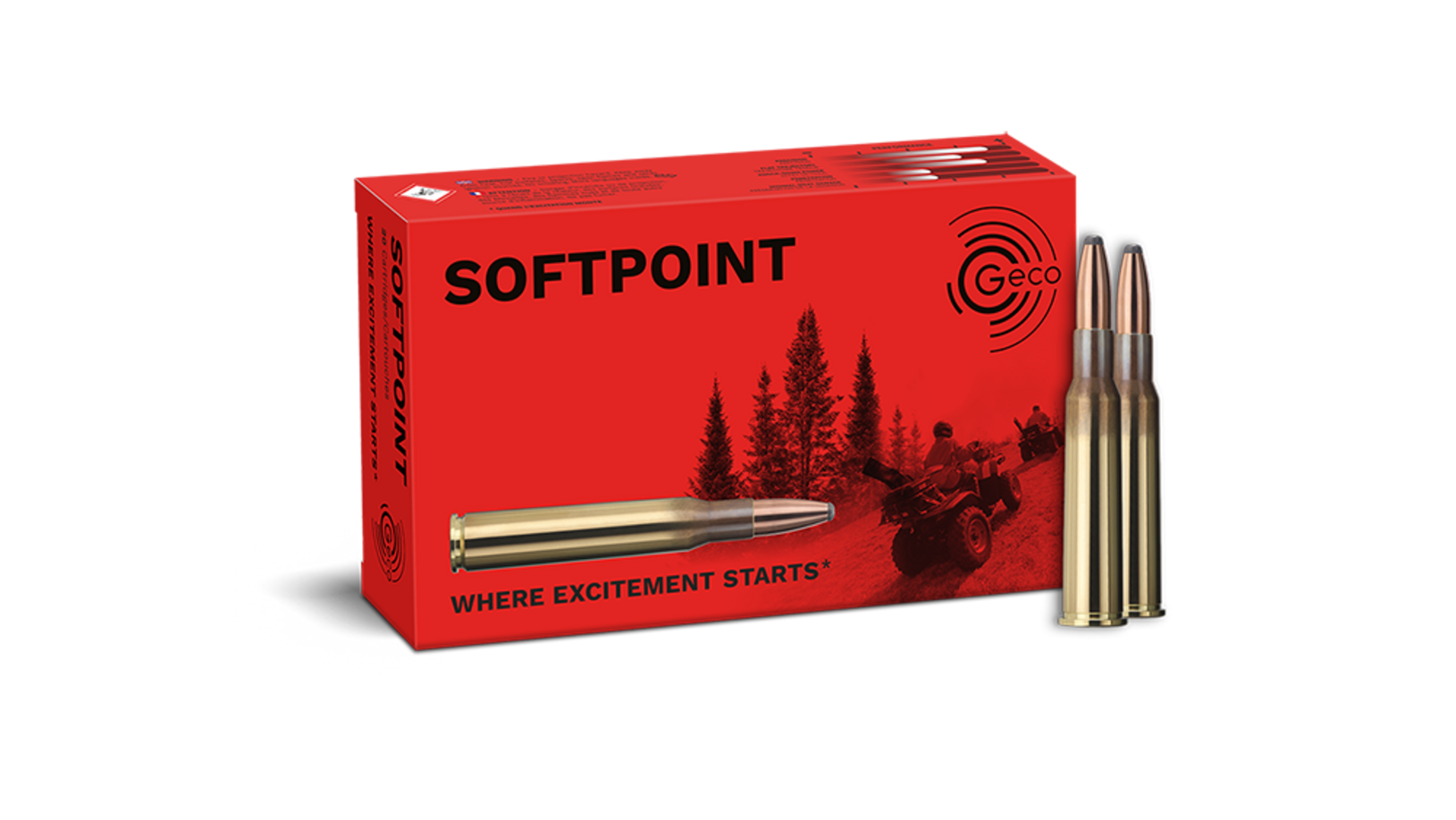 Frontview of ammunition and packaging of GECO 7x57 R SOFTPOINT 10,7g