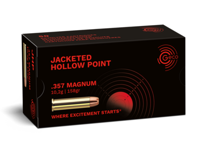 Frontview of ammunition and packaging of GECO .357 Magnum Jacketed Hollow Point 10,2g