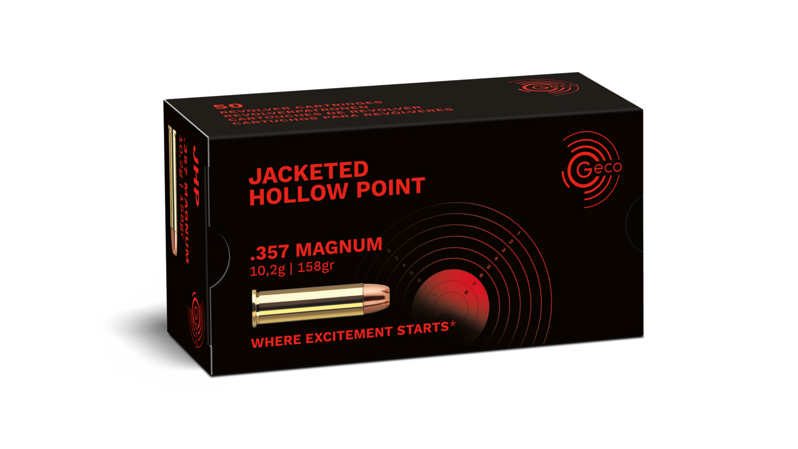 Frontview of ammunition and packaging of GECO .357 Magnum Jacketed Hollow Point 10,2g