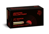 Frontview of ammunition and packaging of GECO .357 Magnum Jacketed Hollow Point 10,2g