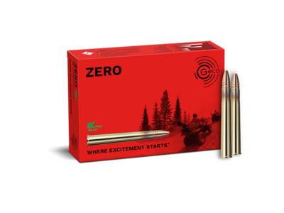 Frontview of ammunition and packaging of GECO 9,3x74 R ZERO 11,9g
