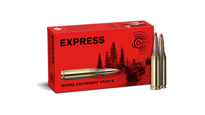 Frontview of ammunition and packaging of GECO .243 Win. EXPRESS 4,9g