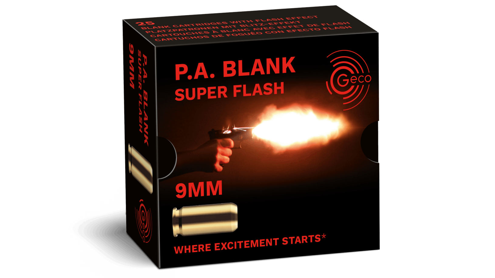 25 munitions à blanc Geco Super Flash, calibre 9mm PA
