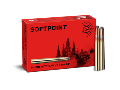 Frontview of ammunition and packaging of GECO 9,3x74 R SOFTPOINT 16,5g