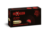 Frontview of ammunition and packaging of GECO .45 Auto Hexagon 13,0g