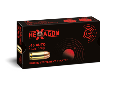 Frontview of ammunition and packaging of GECO .45 Auto Hexagon 13,0g