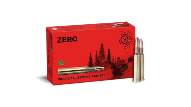 Frontview of ammunition and packaging of GECO 7x57 R ZERO 8,2g