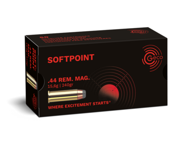 Frontview of ammunition and packaging of GECO .44 Rem. Mag. Softpoint 15,6g