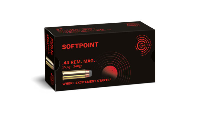 Frontview of ammunition and packaging of GECO .44 Rem. Mag. Softpoint 15,6g