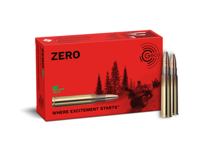 Frontview of ammunition and packaging of GECO 8x57 JRS ZERO 9,0g