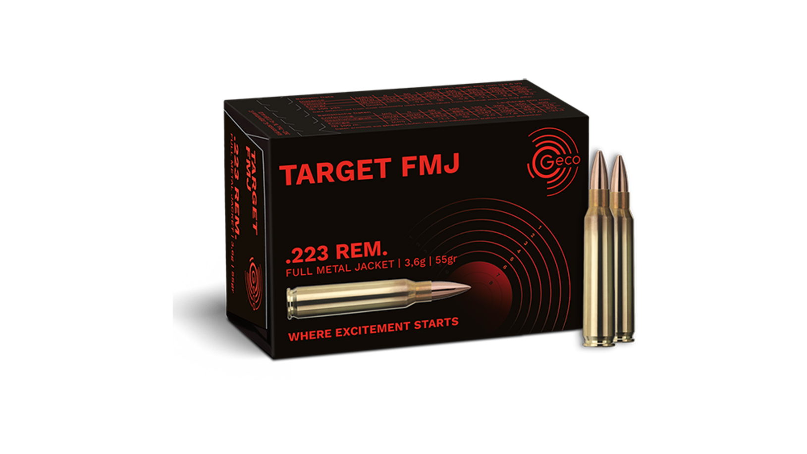 Frontview of ammunition and packaging of GECO .223 Rem. TARGET FMJ 3,6g