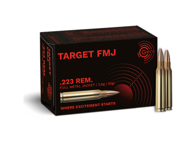 Frontview of ammunition and packaging of GECO .223 Rem. TARGET FMJ 3,6g