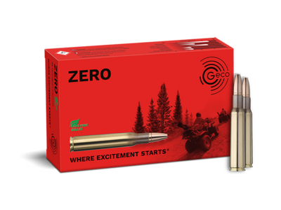 Frontview of ammunition and packaging of GECO 7x57 ZERO 8,2g