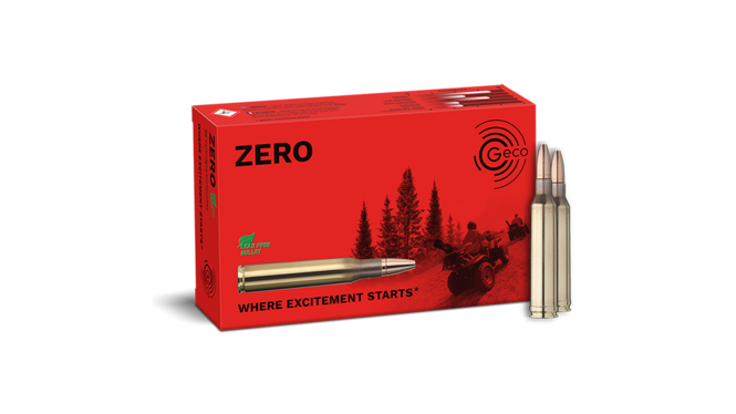 Frontview of ammunition and packaging of GECO 7mm Rem. Mag. ZERO 8,2g