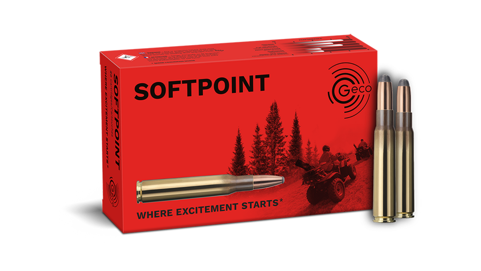 Frontview of ammunition and packaging of GECO 8x57 JS SOFTPOINT 12,0g