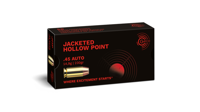 Frontview of ammunition and packaging of GECO .45 AUTO Jacketed Hollow Point 14,9g