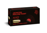 Frontview of ammunition and packaging of GECO .45 AUTO Jacketed Hollow Point 14,9g