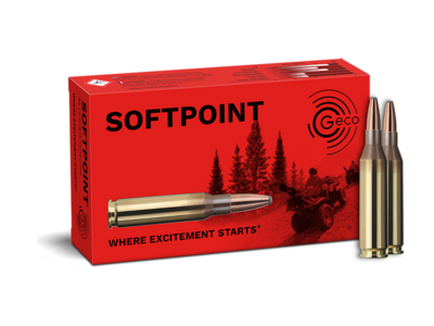 Frontview of ammunition and packaging of GECO .243 Win. SOFTPOINT 6,8g