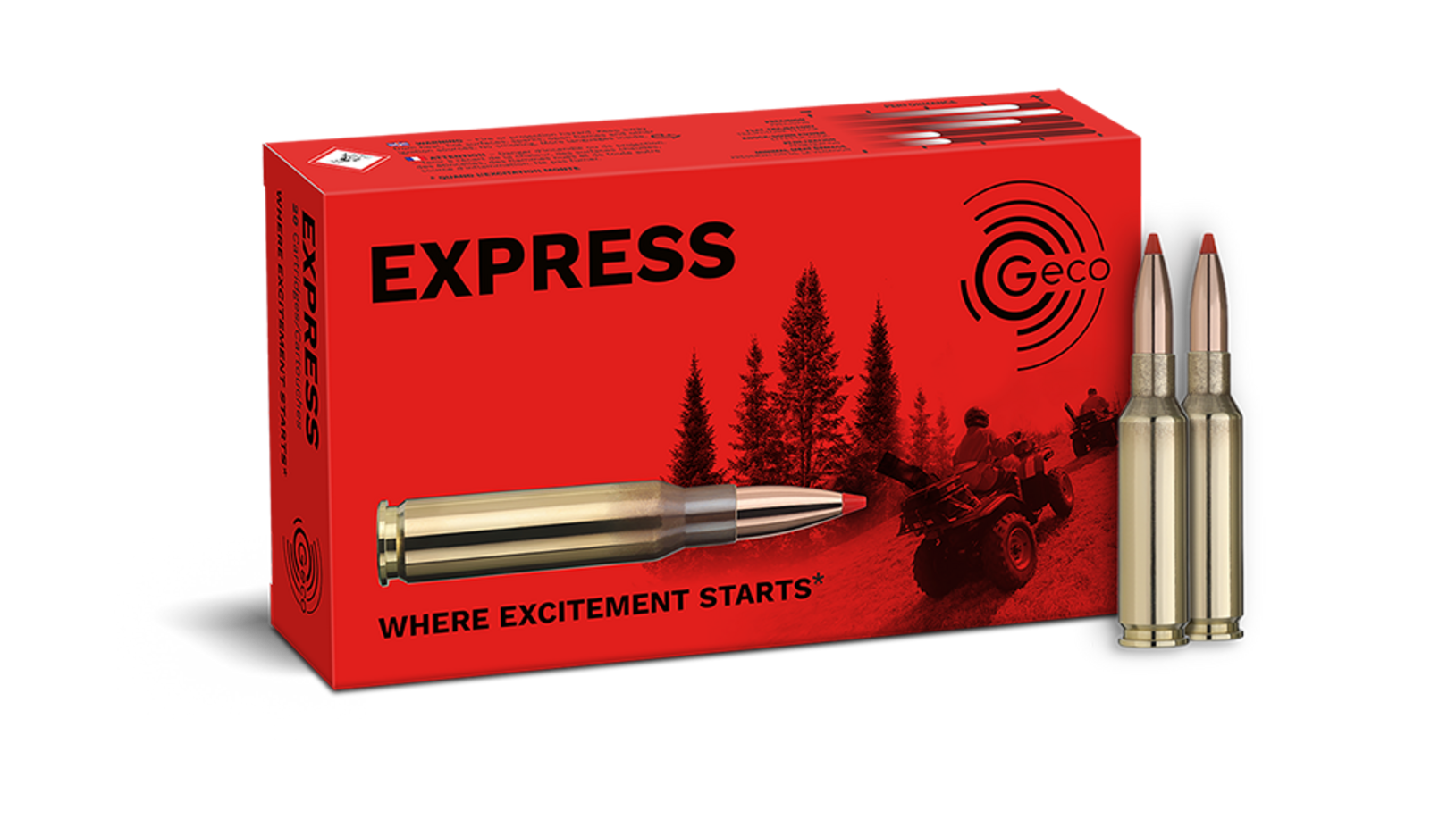 Frontview of ammunition and packaging of GECO 6,5 Creedmoor EXPRESS 9,1g