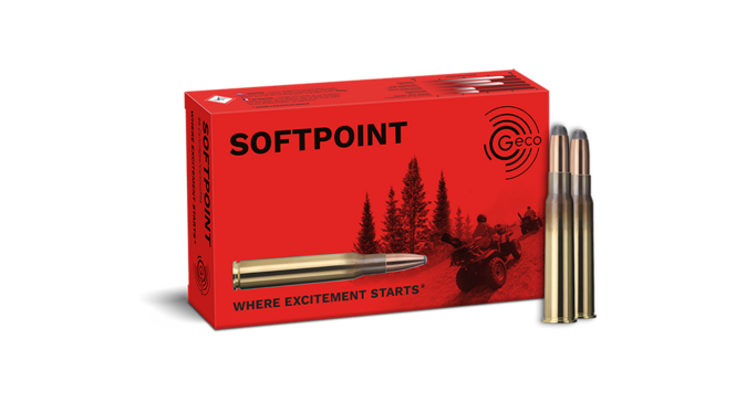 Frontview of ammunition and packaging of GECO 8x57 JRS SOFTPOINT 12,0g