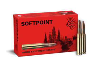 Frontview of ammunition and packaging of GECO 7x57 Softpoint 10,7g