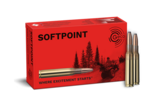 Frontview of ammunition and packaging of GECO 7x57 Softpoint 10,7g