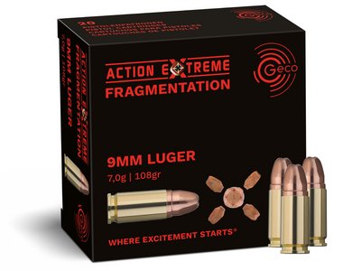 Frontview of ammunition and packaging of GECO 9 mm Luger Action Extreme Fragmentation 7,0g