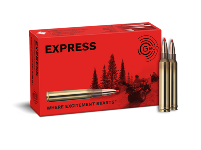 Frontview of ammunition and packaging of GECO .300 Win. Mag. EXPRESS 10,7g