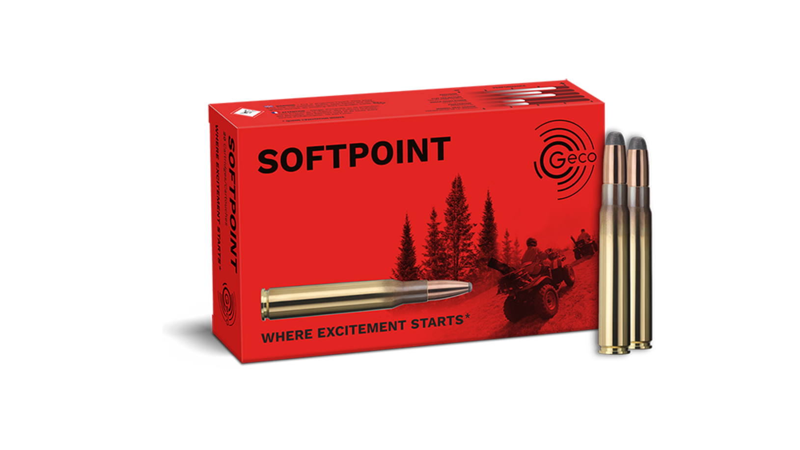 Frontview of ammunition and packaging of GECO 9,3x62 Softpoint 16,5g