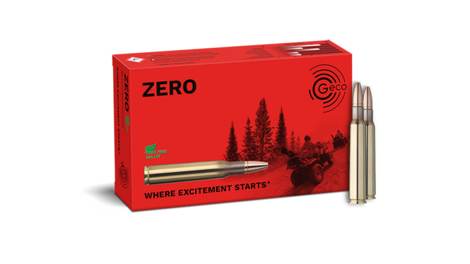 Frontview of ammunition and packaging of GECO 7x64 ZERO 8,2g