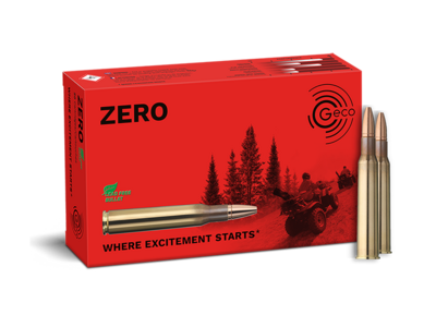 Frontview of ammunition and packaging of GECO 7x65 R ZERO 8,2g