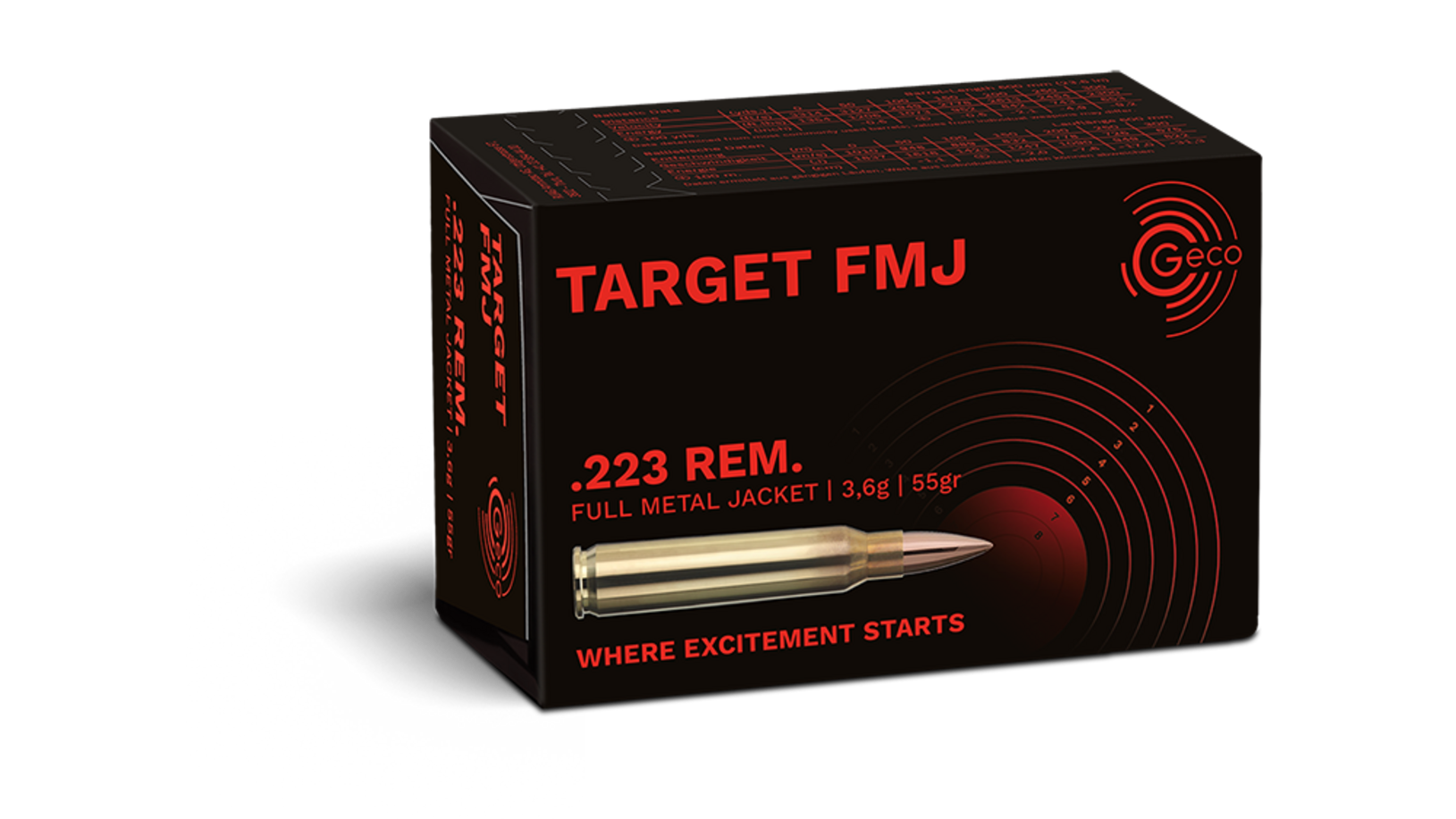 Frontview of packaging of GECO .223 Rem. TARGET FMJ 3,6g
